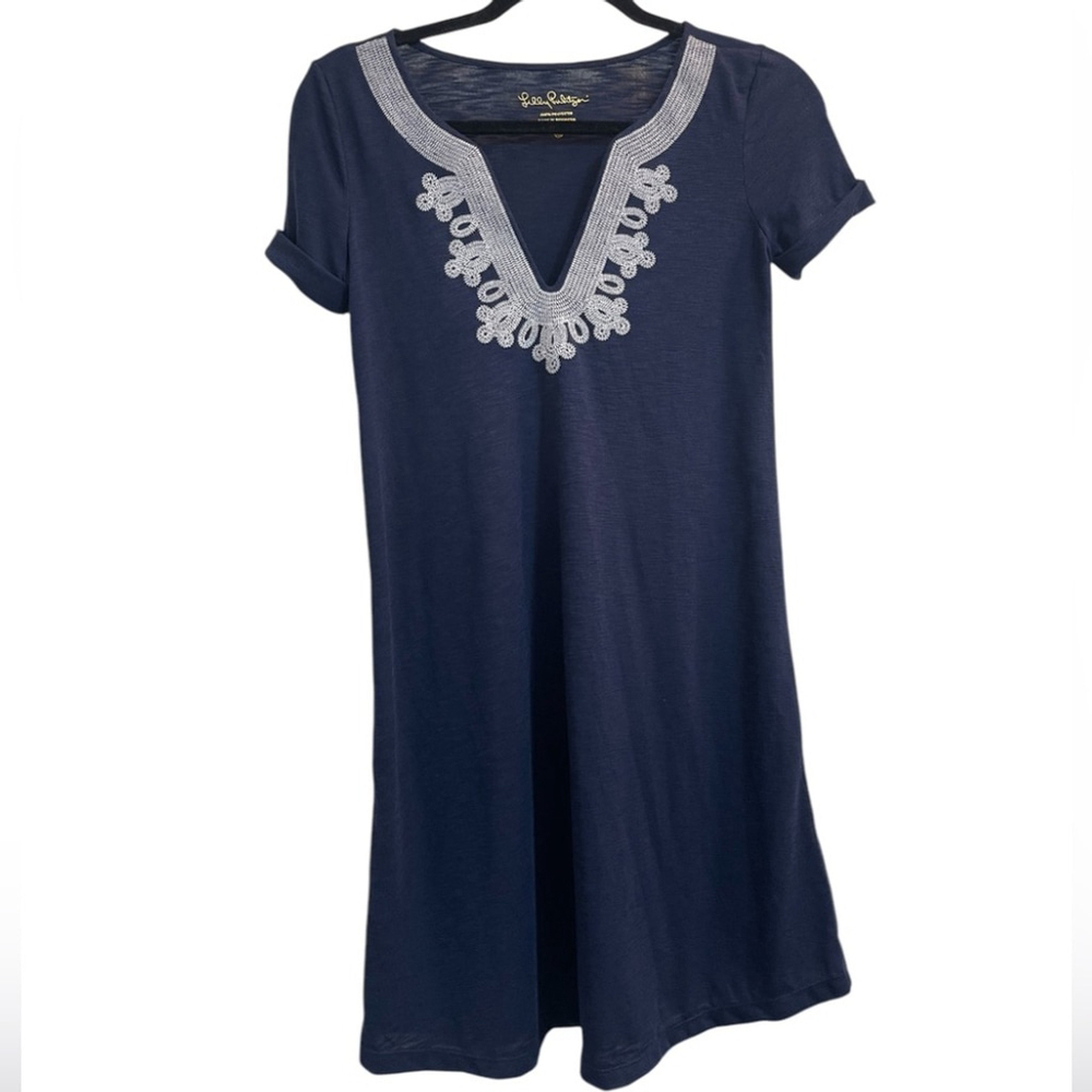 Lilly Pulitzer T-Shirt Dress Navy Blue with White Embroidery, Size Women’s XXS